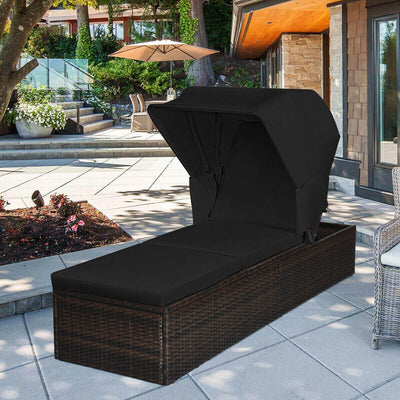Outdoor Adjustable Cushioned Chaise Lounge Chair with Folding Canopy-Black