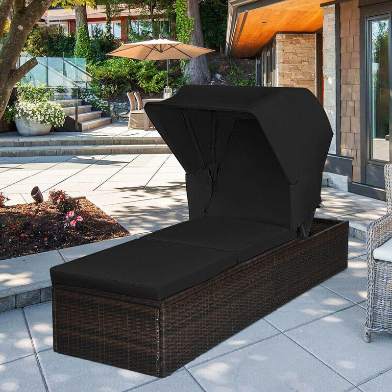 Outdoor Adjustable Cushioned Chaise Lounge Chair with Folding Canopy-Black