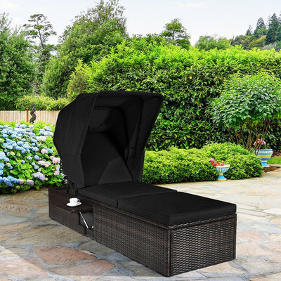 Outdoor Adjustable Cushioned Chaise Lounge Chair with Folding Canopy-Black