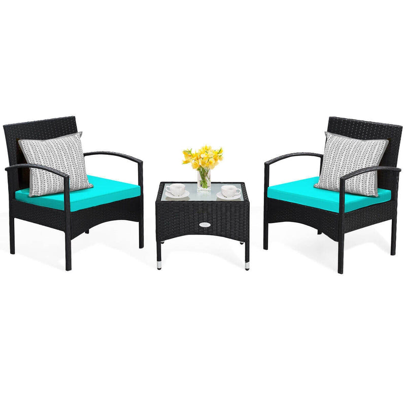 3 Pieces Patio Wicker Rattan Furniture Set with Cushion for Lawn Backyard-Turquoise