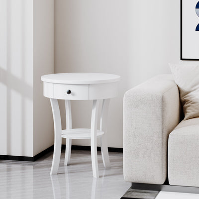2-Tier Wood Round End Table with Open Drawer-White