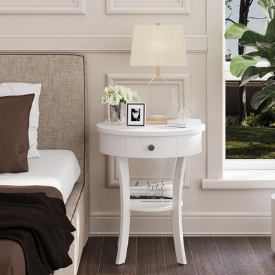 2-Tier Wood Round End Table with Open Drawer-White