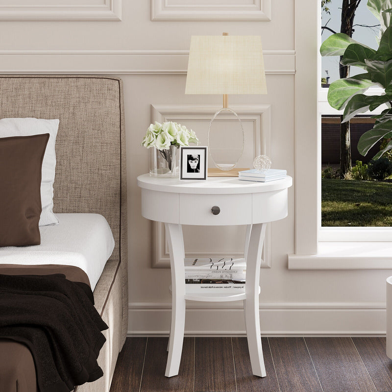 2-Tier Wood Round End Table with Open Drawer-White