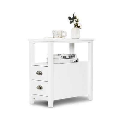 End Table Wooden with 2 Drawers and Shelf Bedside Table-White