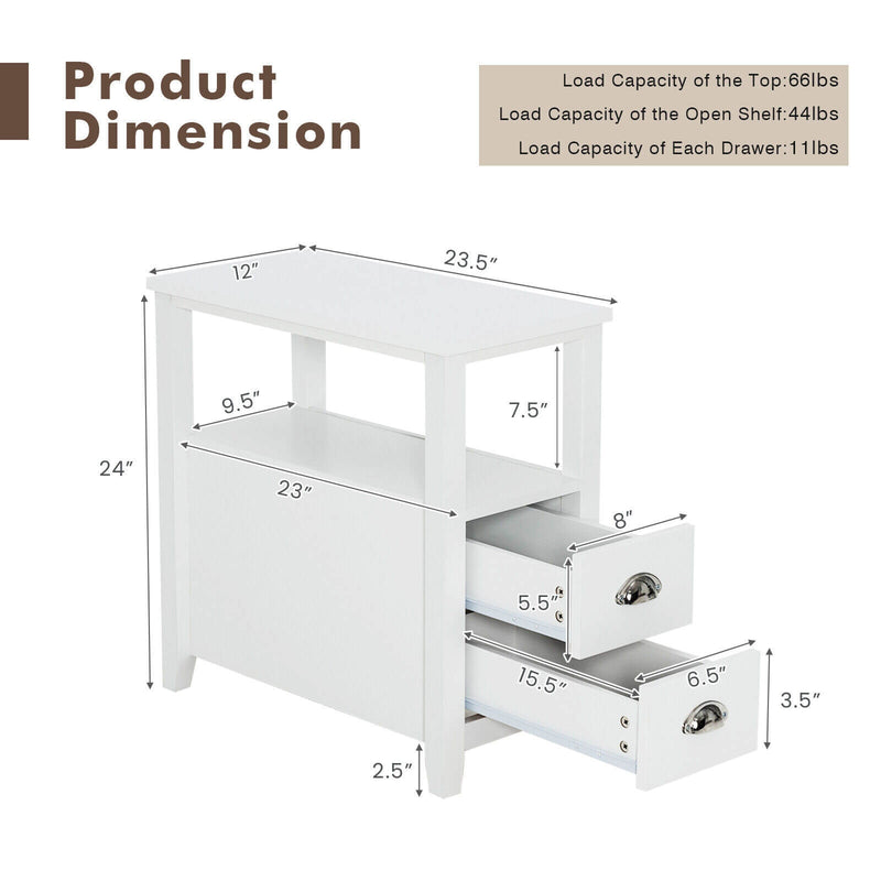 End Table Wooden with 2 Drawers and Shelf Bedside Table-White