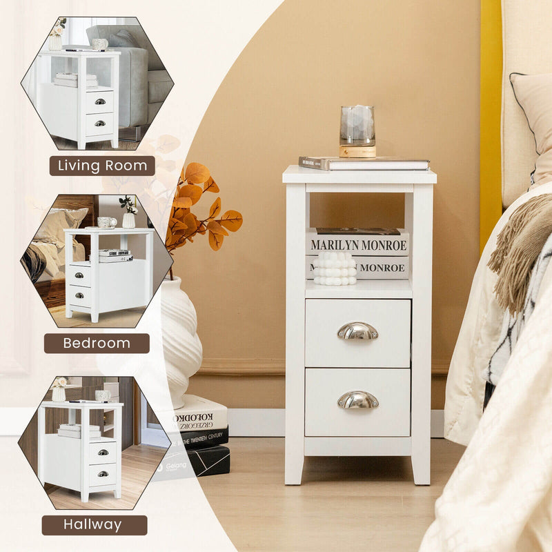 End Table Wooden with 2 Drawers and Shelf Bedside Table-White