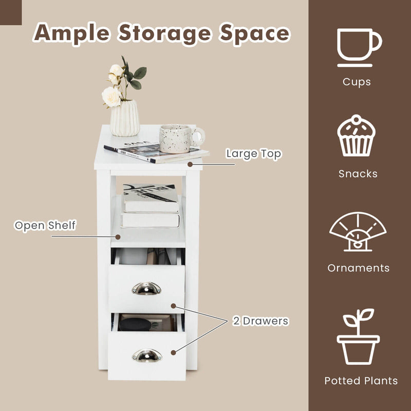 End Table Wooden with 2 Drawers and Shelf Bedside Table-White