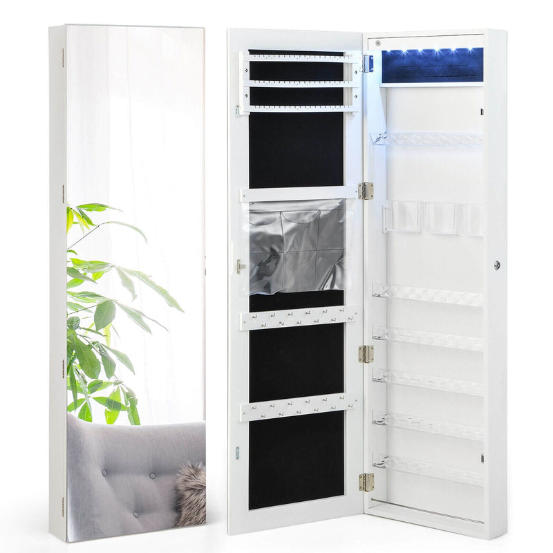 Wall Door Mounted Jewelry Armoire with Frameless LED Mirror-White