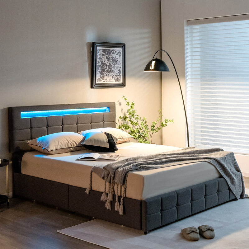 Upholstered Queen LED Bed Frame with Headboard and 4 Drawers
