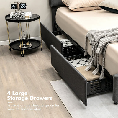 Upholstered Queen LED Bed Frame with Headboard and 4 Drawers