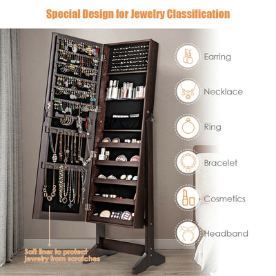 Standing Jewelry Armoire Cabinet with Full Length Mirror-Brown
