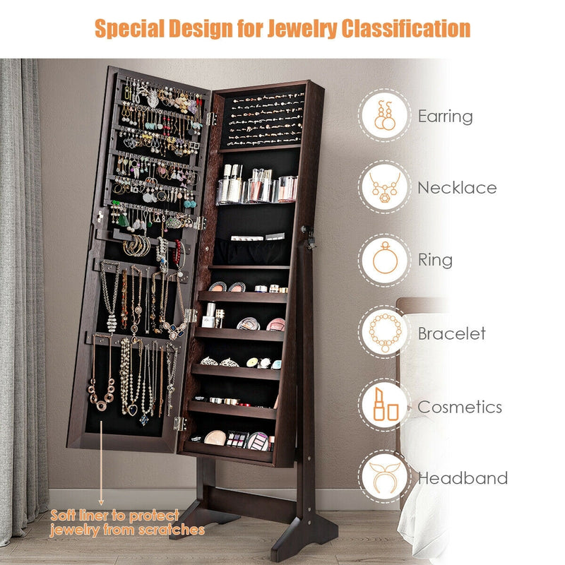 Standing Jewelry Armoire Cabinet with Full Length Mirror-Brown