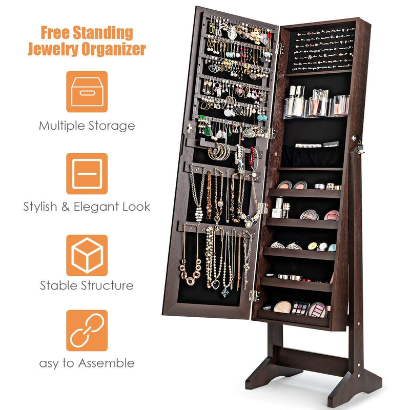 Standing Jewelry Armoire Cabinet with Full Length Mirror-Brown
