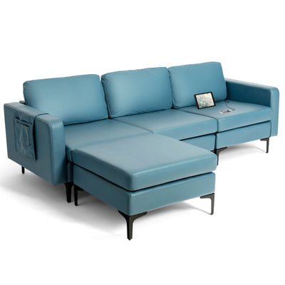 Modular L-shaped Sectional Sofa with Reversible Chaise and 2 USB Ports-Blue