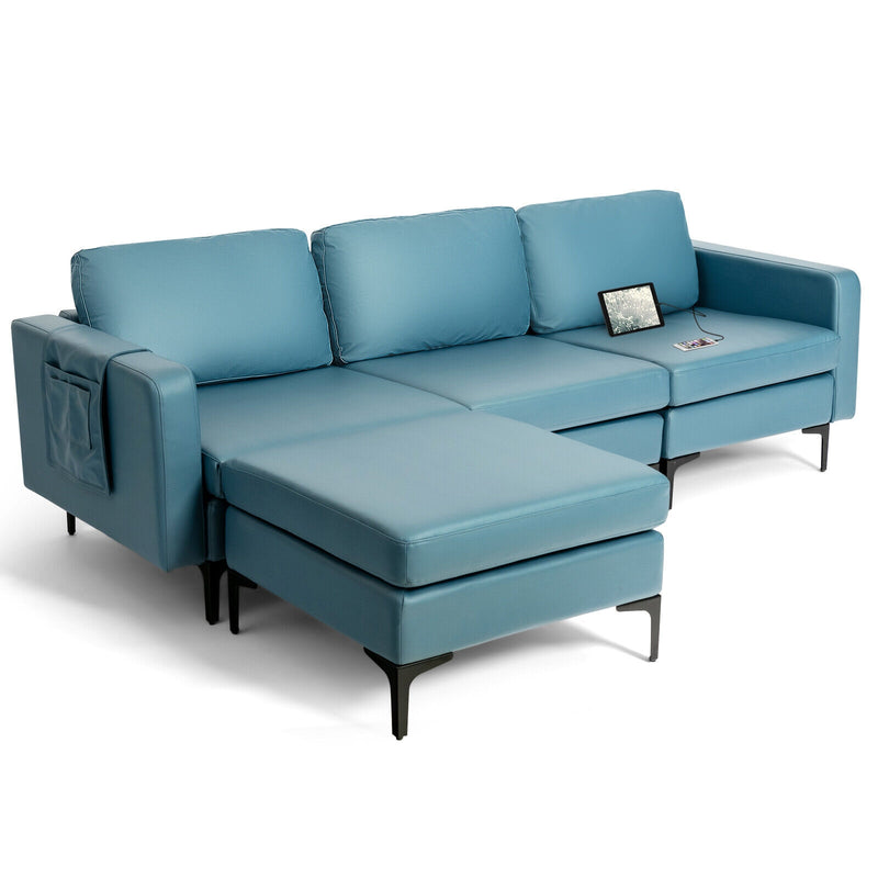 Modular L-shaped Sectional Sofa with Reversible Chaise and 2 USB Ports-Blue