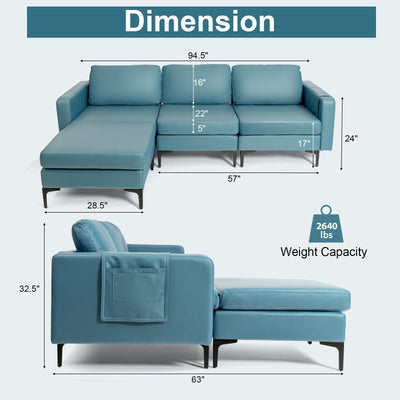 Modular L-shaped Sectional Sofa with Reversible Chaise and 2 USB Ports-Blue