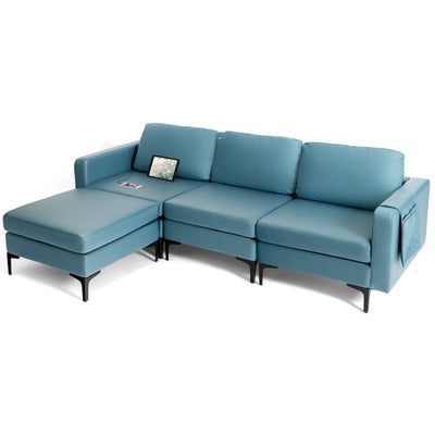 Modular L-shaped Sectional Sofa with Reversible Chaise and 2 USB Ports-Blue
