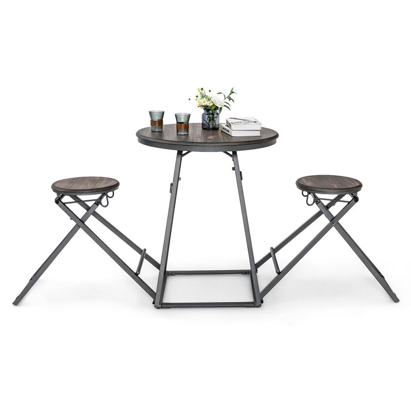3 Pieces Dining Table Set with 2 Foldable Stools for Small Space-Gray