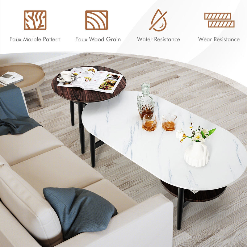 Set of 2 Modern Nesting Coffee Table with Extra Storage Shelf-White