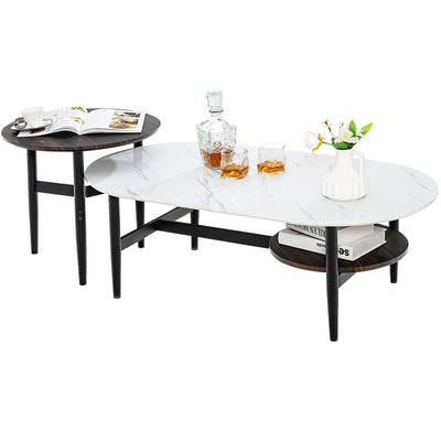 Set of 2 Modern Nesting Coffee Table with Extra Storage Shelf-White