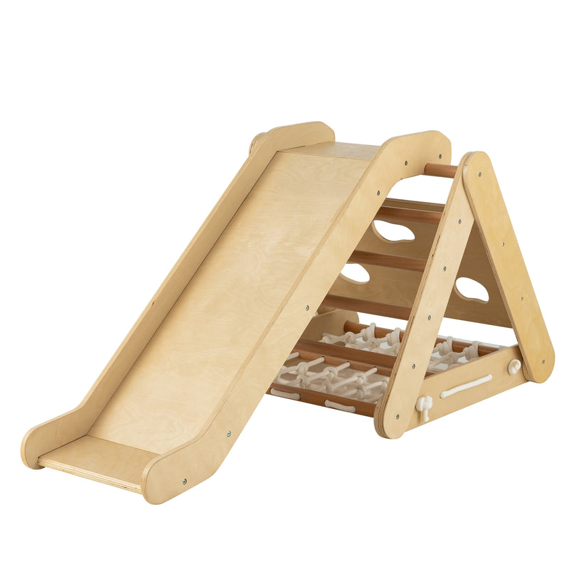 *4 in 1 Triangle Climber Toy with Sliding Board and Climbing Net - Natural