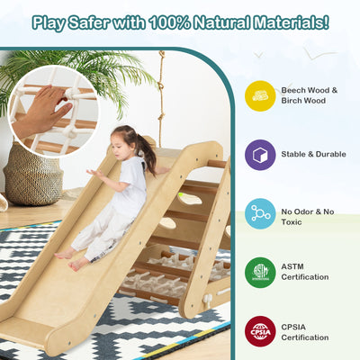 *4 in 1 Triangle Climber Toy with Sliding Board and Climbing Net - Natural