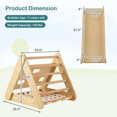 *4 in 1 Triangle Climber Toy with Sliding Board and Climbing Net - Natural