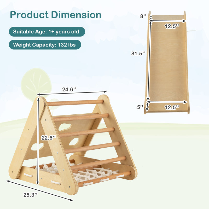 *4 in 1 Triangle Climber Toy with Sliding Board and Climbing Net - Natural