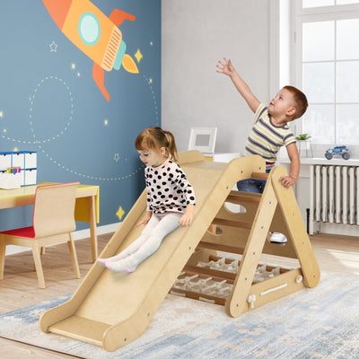 *4 in 1 Triangle Climber Toy with Sliding Board and Climbing Net - Natural
