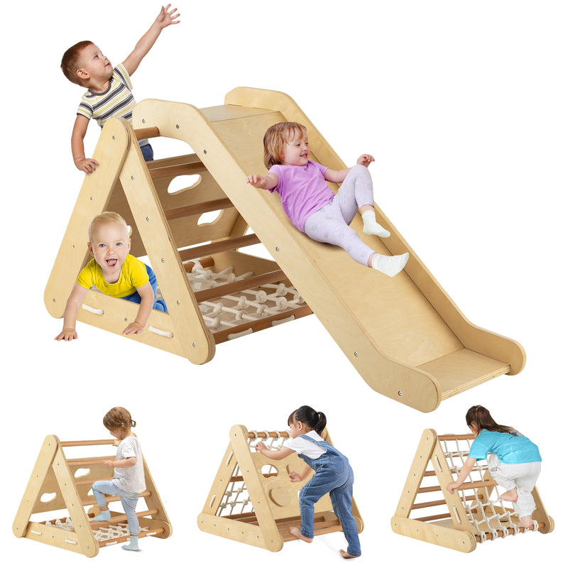 *4 in 1 Triangle Climber Toy with Sliding Board and Climbing Net - Natural
