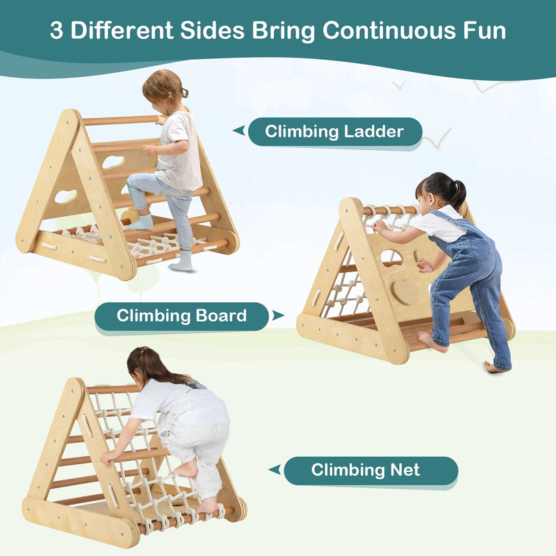 *4 in 1 Triangle Climber Toy with Sliding Board and Climbing Net - Natural