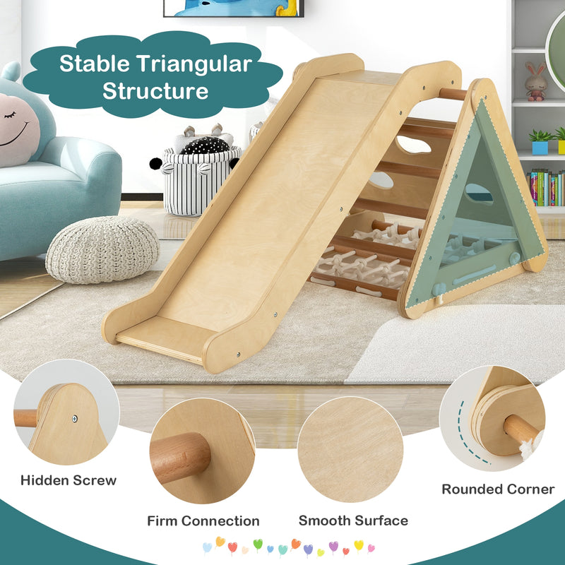 *4 in 1 Triangle Climber Toy with Sliding Board and Climbing Net - Natural