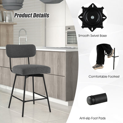 25 Inch 2-Piece Modern Upholstered Bar Stools with Back and Footrests-Gray