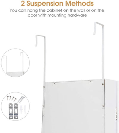 Full Length Mirror Jewelry Cabinet with Ring Slots and Necklace Hooks-White