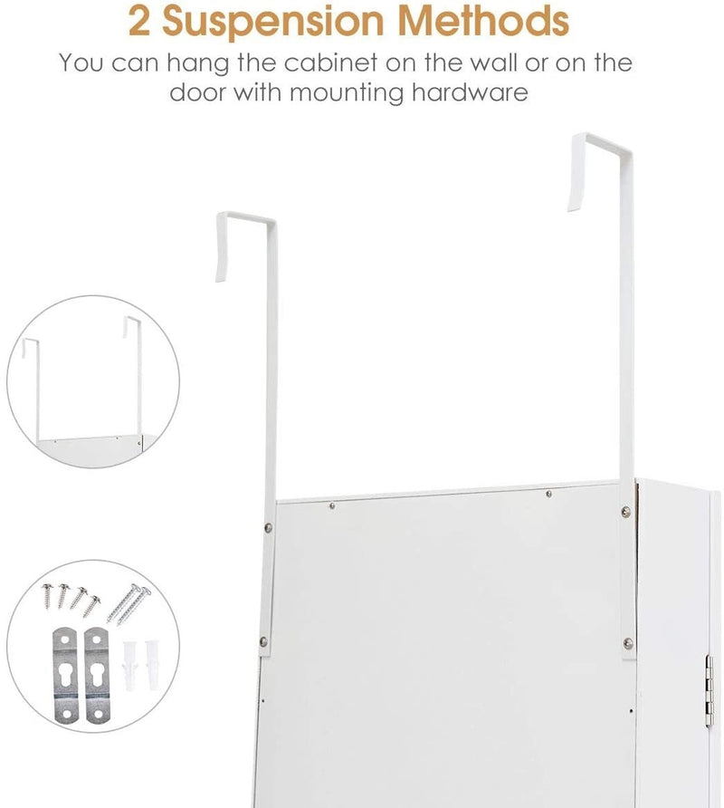 Full Length Mirror Jewelry Cabinet with Ring Slots and Necklace Hooks-White