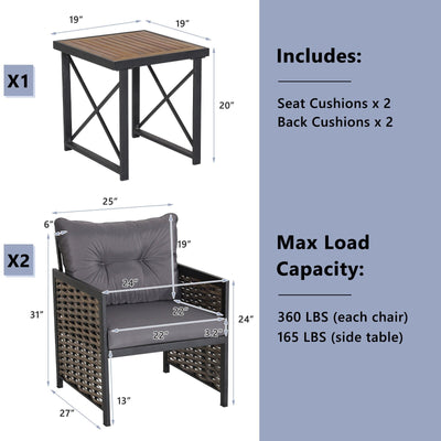 3 Piece Patio Rattan Furniture Set with Acacia Wood Tabletop-Gray