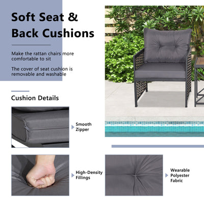 3 Piece Patio Rattan Furniture Set with Acacia Wood Tabletop-Gray