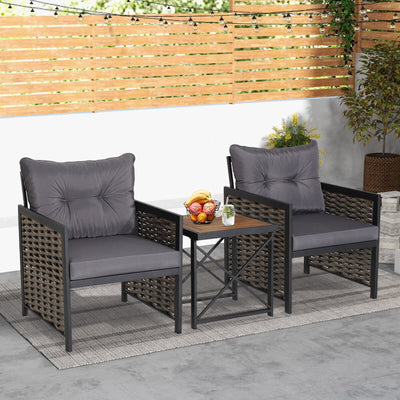 3 Piece Patio Rattan Furniture Set with Acacia Wood Tabletop-Gray