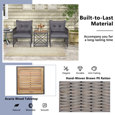3 Piece Patio Rattan Furniture Set with Acacia Wood Tabletop-Gray