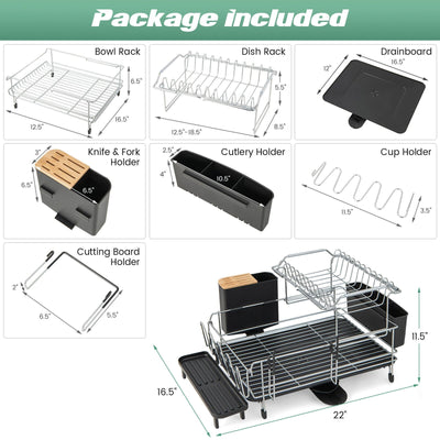 2-Tier Detachable Dish Rack with Drainboard and 360° Swivel Spout-Sliver