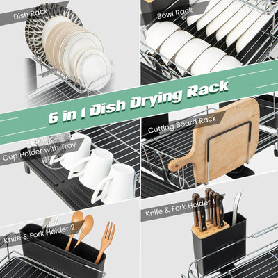 2-Tier Detachable Dish Rack with Drainboard and 360° Swivel Spout-Sliver