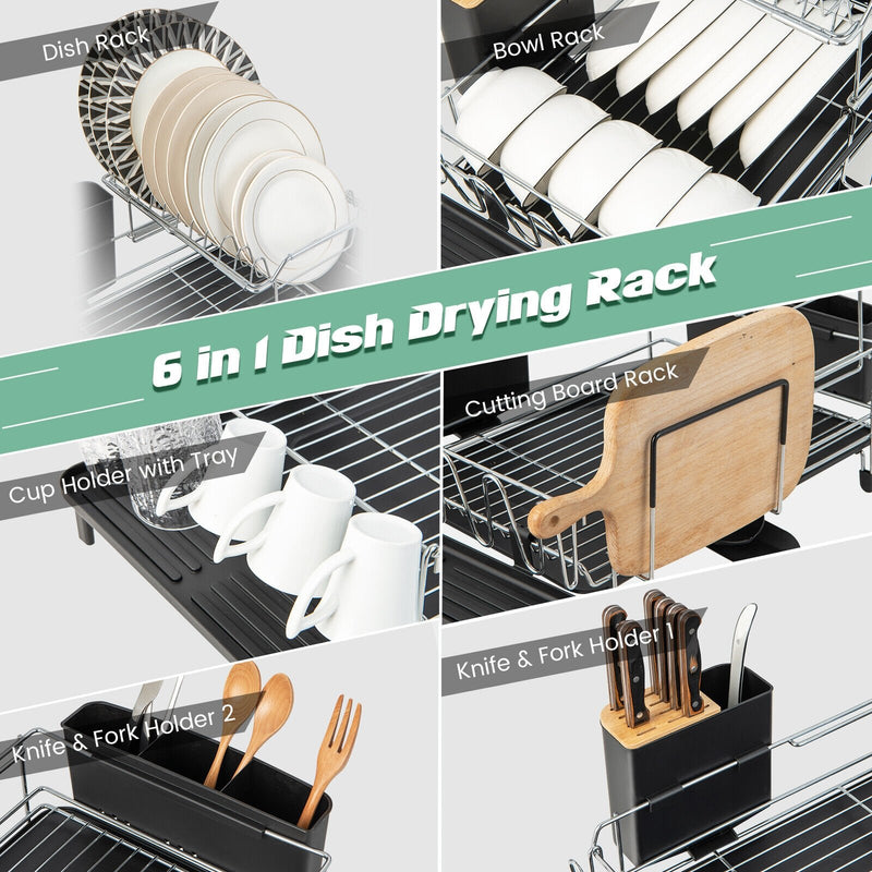 2-Tier Detachable Dish Rack with Drainboard and 360° Swivel Spout-Sliver