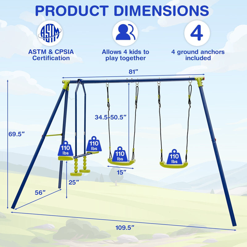 *440 Pounds Kids Swing Set with Two Swings and One Glider