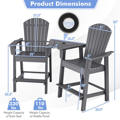 *2 Pieces HDPE Tall Adirondack Chair with Middle Connecting Tray - Gray