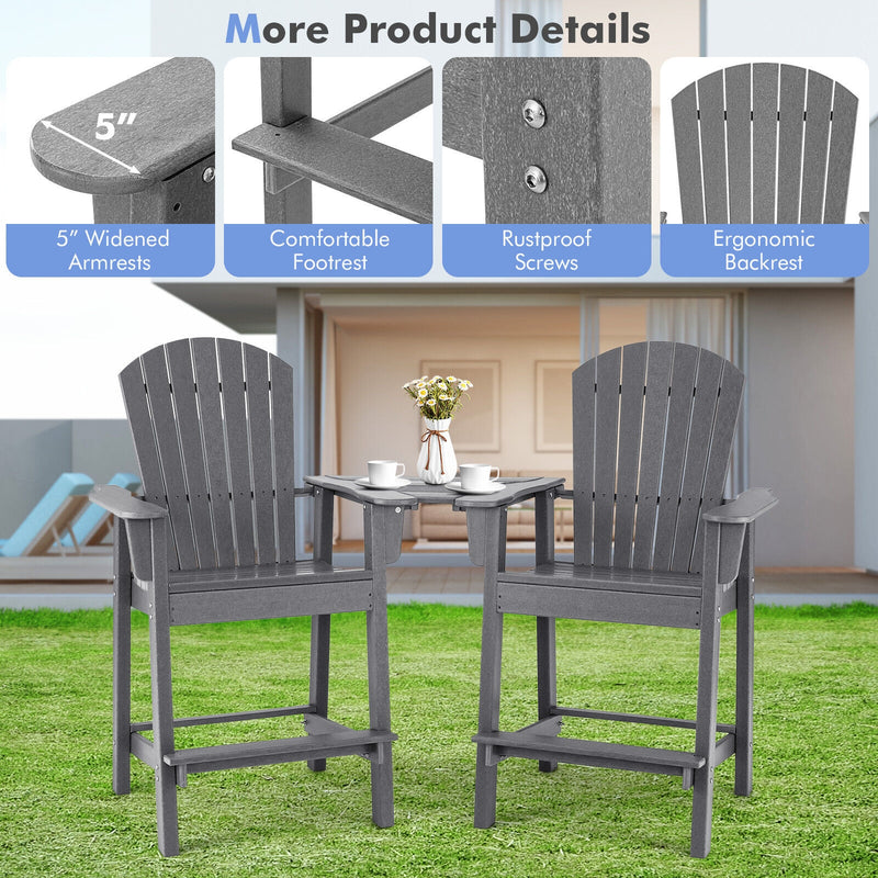 *2 Pieces HDPE Tall Adirondack Chair with Middle Connecting Tray - Gray