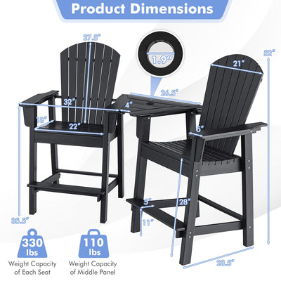 *2 Pieces HDPE Tall Adirondack Chair with Middle Connecting Tray - Black