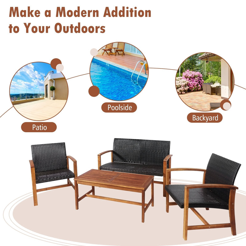 4 Pieces PE Rattan Patio Furniture Set with Acacia Wood