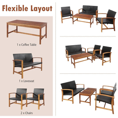 4 Pieces PE Rattan Patio Furniture Set with Acacia Wood