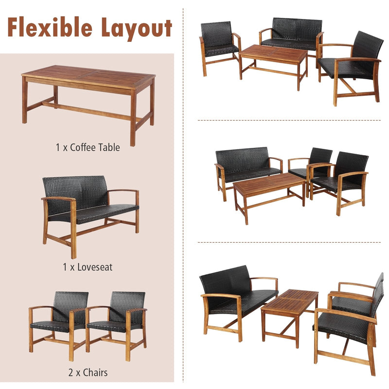 4 Pieces PE Rattan Patio Furniture Set with Acacia Wood