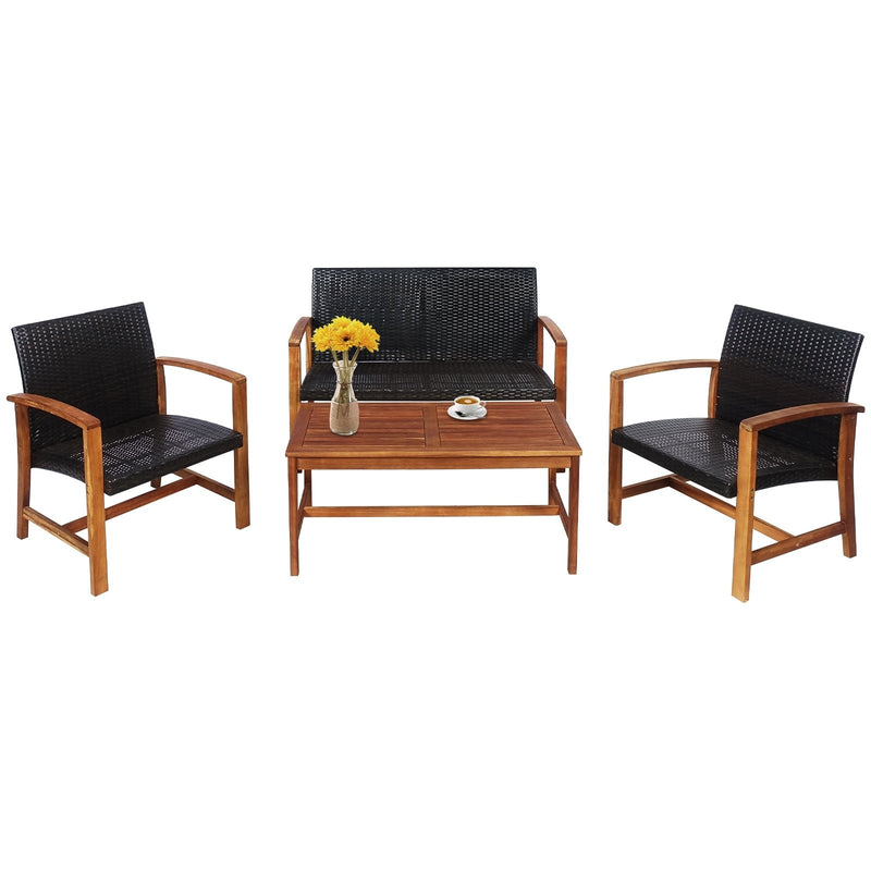 4 Pieces PE Rattan Patio Furniture Set with Acacia Wood